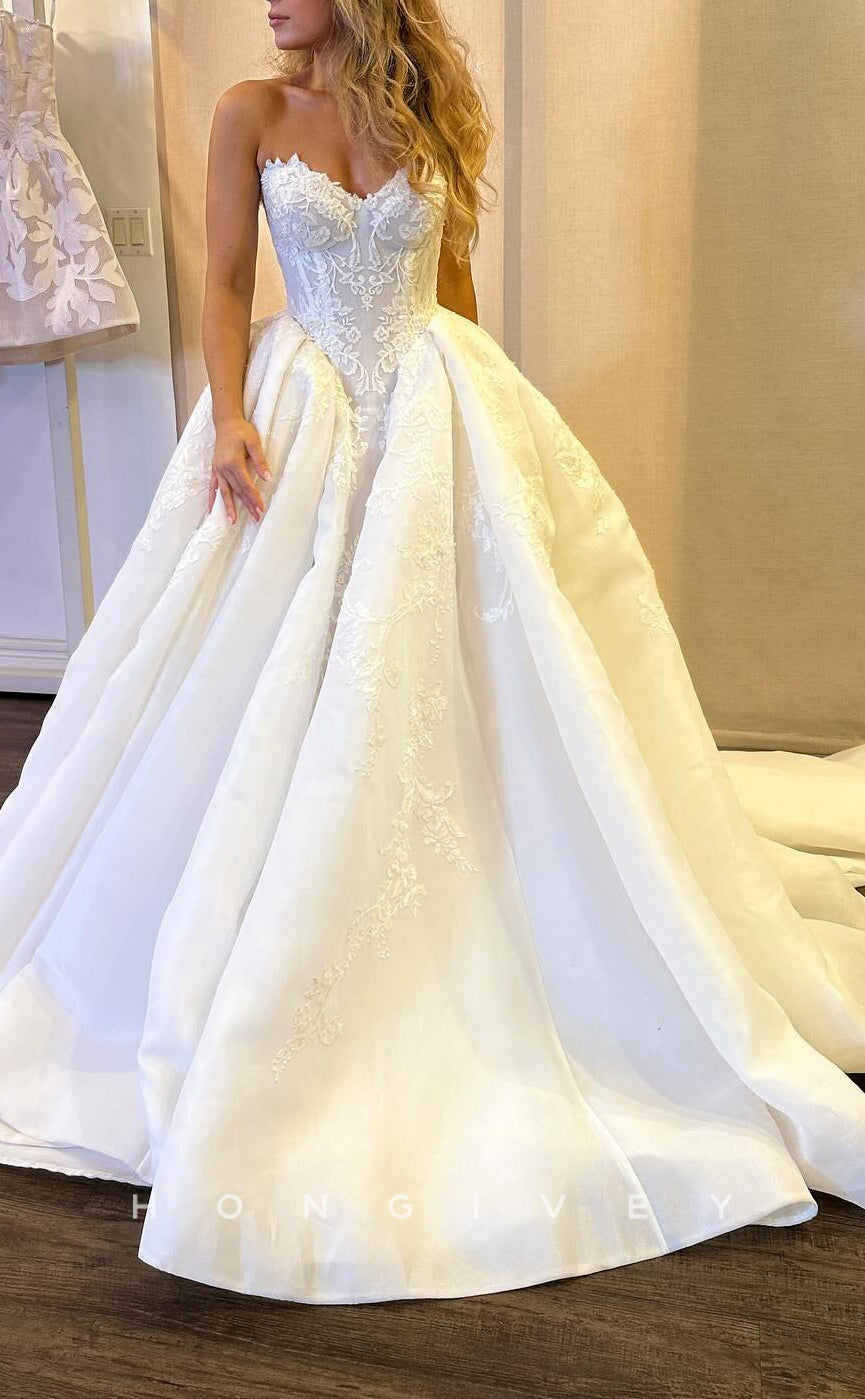 H1632 - Ornate Satin A-Line Sweetheart Strapless Empire Lace Applique With Train Wedding Dress