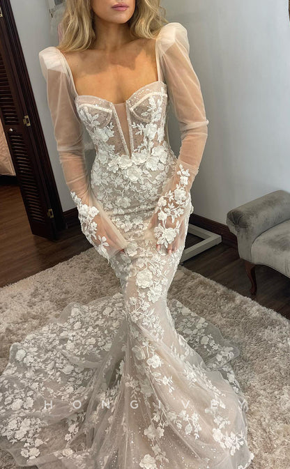H1633 - Sexy Trumpet Sweetheart Long Sleeve Empire Lace Applique With Train Wedding Dress