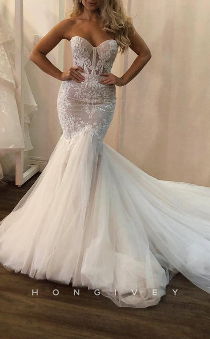 H1634 - Sexy Two Tone Trumpet Sweetheart Strapless Empire Lace Applique With Tulle Train Wedding Dress