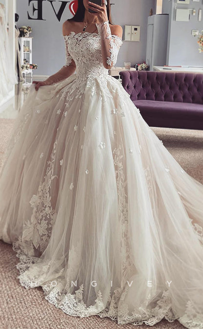 H1635 - Sexy Tulle A-Line Off-Shoulder Long Sleeve Empire Lace Applique With Train Wedding Dress