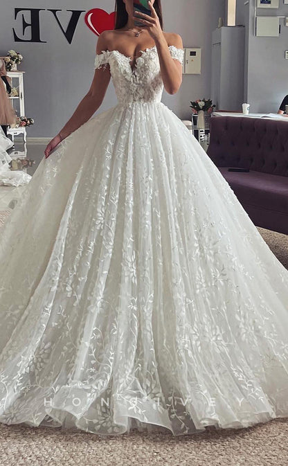 H1636 - Ornate Lace A-Line Sweetheart Off-Shoulder Empire Appliques With Train Wedding Dress