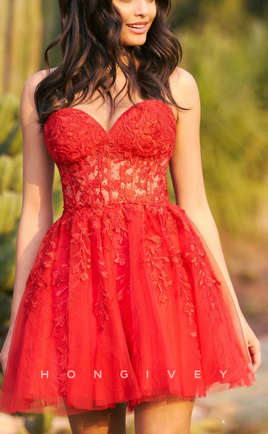 H1637 - Sexy Sheer Fully Lace Applique Lace-Up Back Short Homecoming Party Cocktail Dress