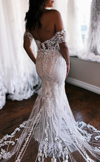 H1637 - Classic Lace Trumpet Sweetheart Off-Shoulder Empire Appliques With Train Boho Wedding Dress