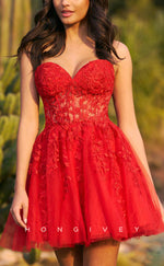 H1637 - Sexy Sheer Fully Lace Applique Lace-Up Back Short Homecoming Party Cocktail Dress