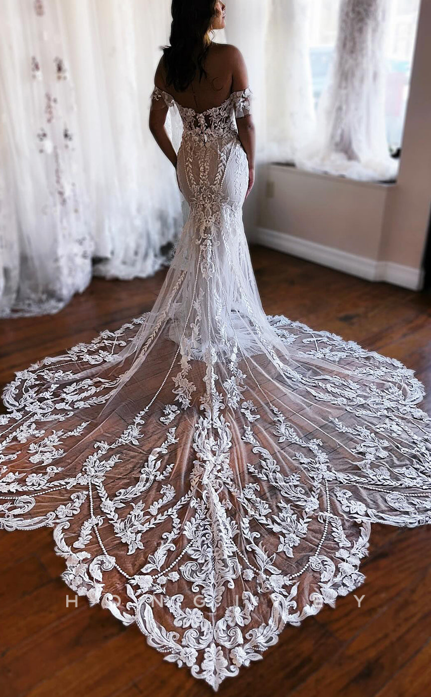 H1637 - Classic Lace Trumpet Sweetheart Off-Shoulder Empire Appliques With Train Boho Wedding Dress