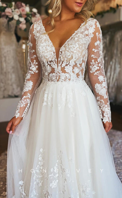 H1638 - Chic Tulle A-Line V-Neck Long Sleeve Illusion Empire Lace Applique With Tulle Train Wedding Dress