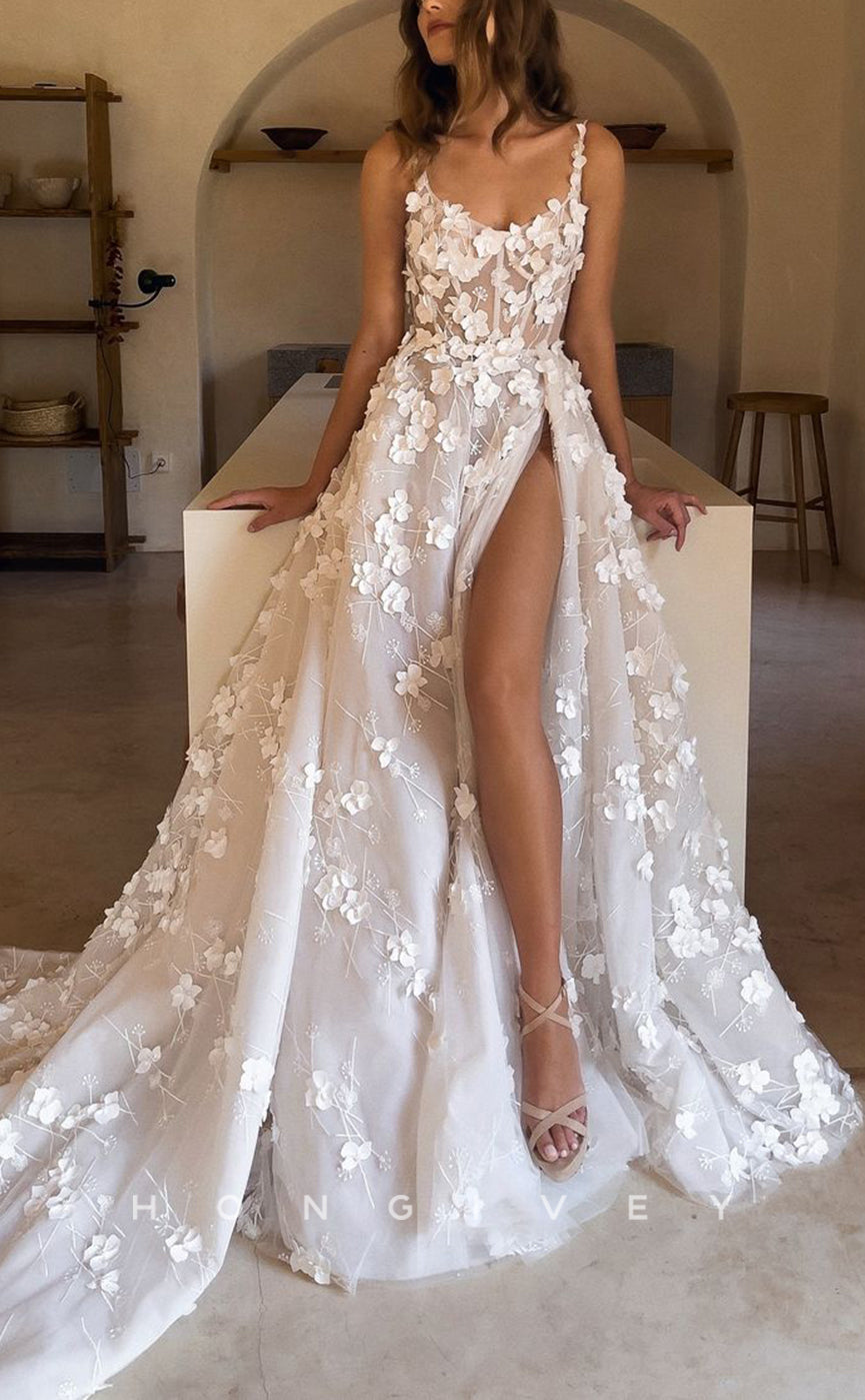 H1639 - Elegant A-Line Bateau Spaghetti Straps Empire Floral  Lace Applique With Side Slit Train Wedding Dress