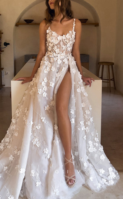 H1639 - Elegant A-Line Bateau Spaghetti Straps Empire Floral  Lace Applique With Side Slit Train Wedding Dress