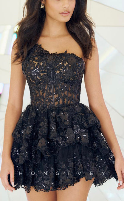 H1639 - Sheer Fully Sequined Lace Applique Cake Short Homecoming Party Graduation Dress