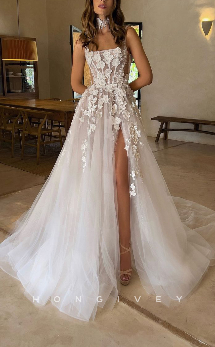 H1640 - Ornate Tulle A-Line Bateau Strapless Illusion Empire Floral Appliqued With Side Slit Train Wedding Dress