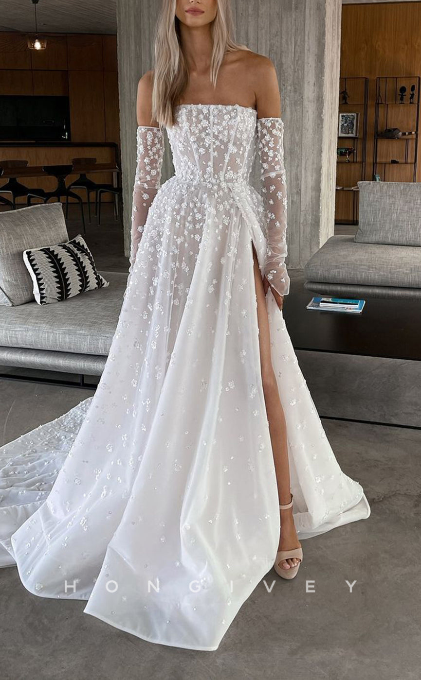 H1641 - Sexy Satin A-Line Strapless 3/4 Sleeves Empire Floral Embellished With Side Slit Train Wedding Dress
