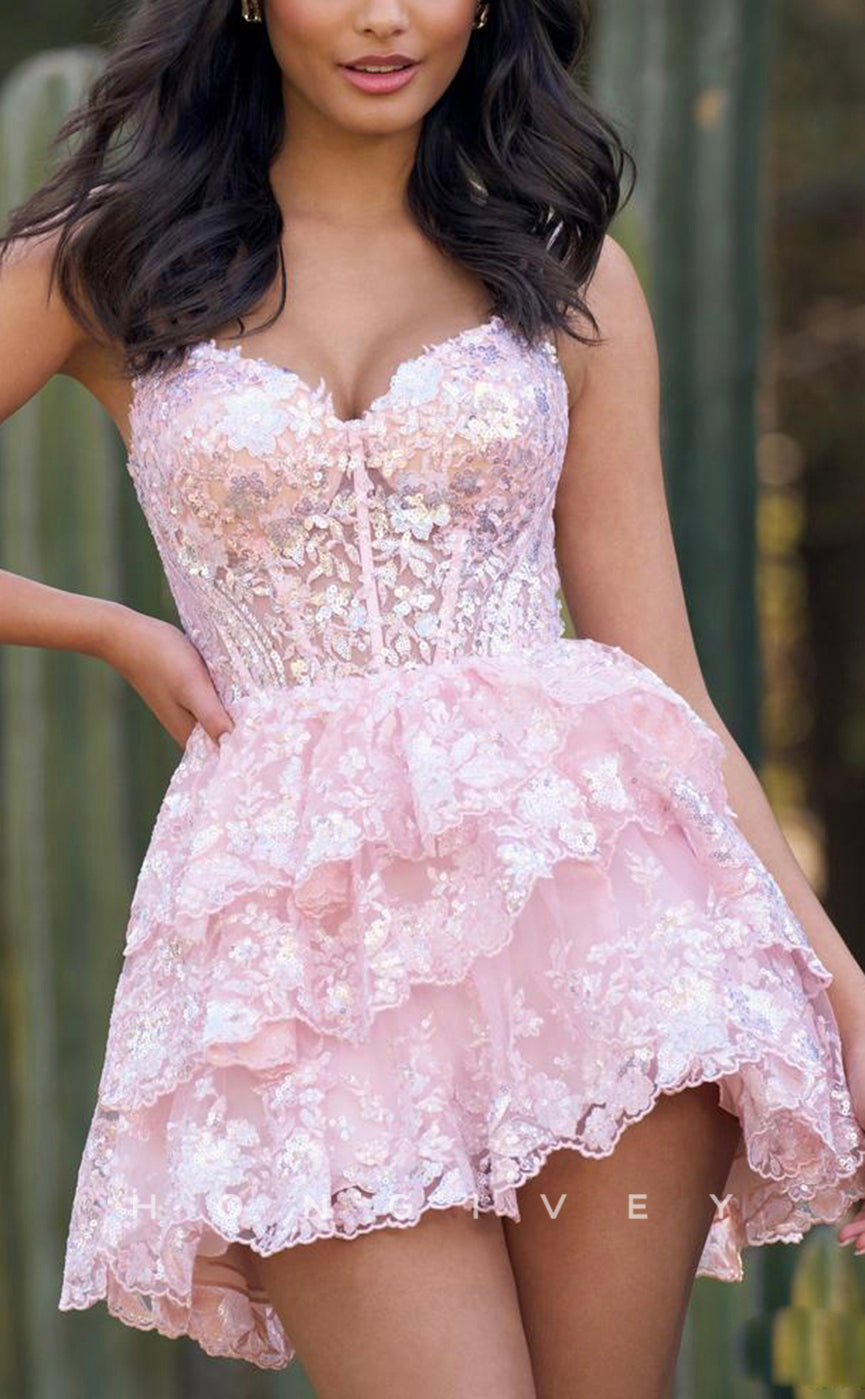 H1640 - Cute Illusion Fully Sequined Lace Applique Cake Short Homecoming Party Graduation Dress