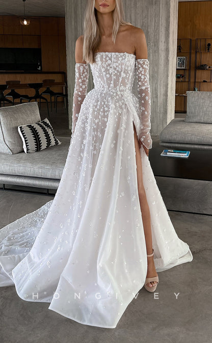 H1641 - Sexy Satin A-Line Strapless 3/4 Sleeves Empire Floral Embellished With Side Slit Train Wedding Dress