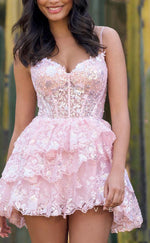 H1640 - Cute Illusion Fully Sequined Lace Applique Cake Short Homecoming Party Graduation Dress