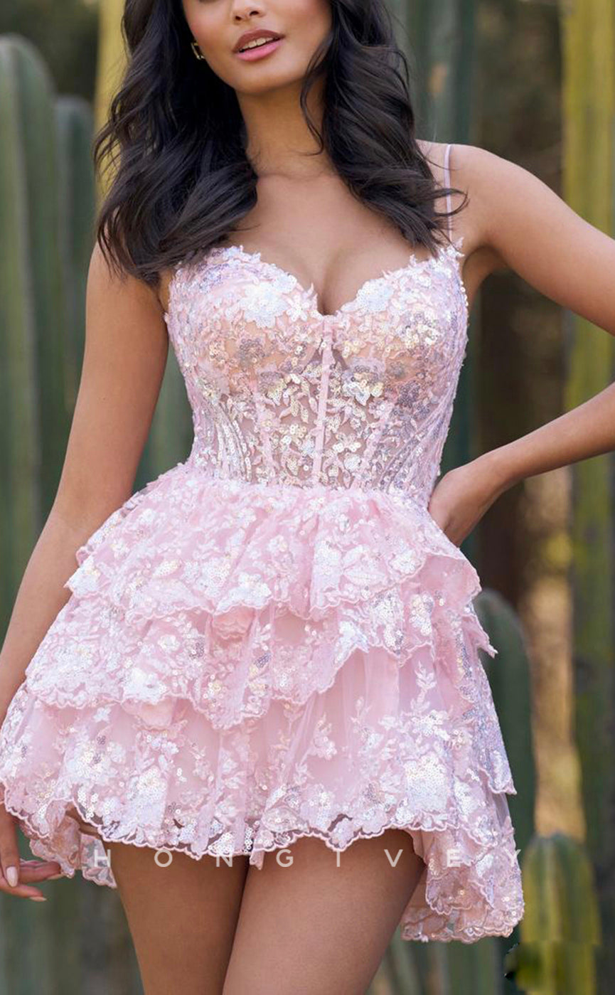 H1640 - Cute Illusion Fully Sequined Lace Applique Cake Short Homecoming Party Graduation Dress