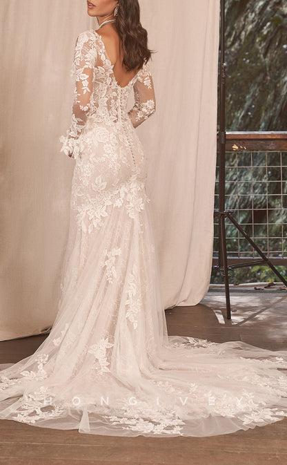 H1642 - Lace Trumpet Sweetheart Long Sleeve Empire Appliques With Train Wedding Dress