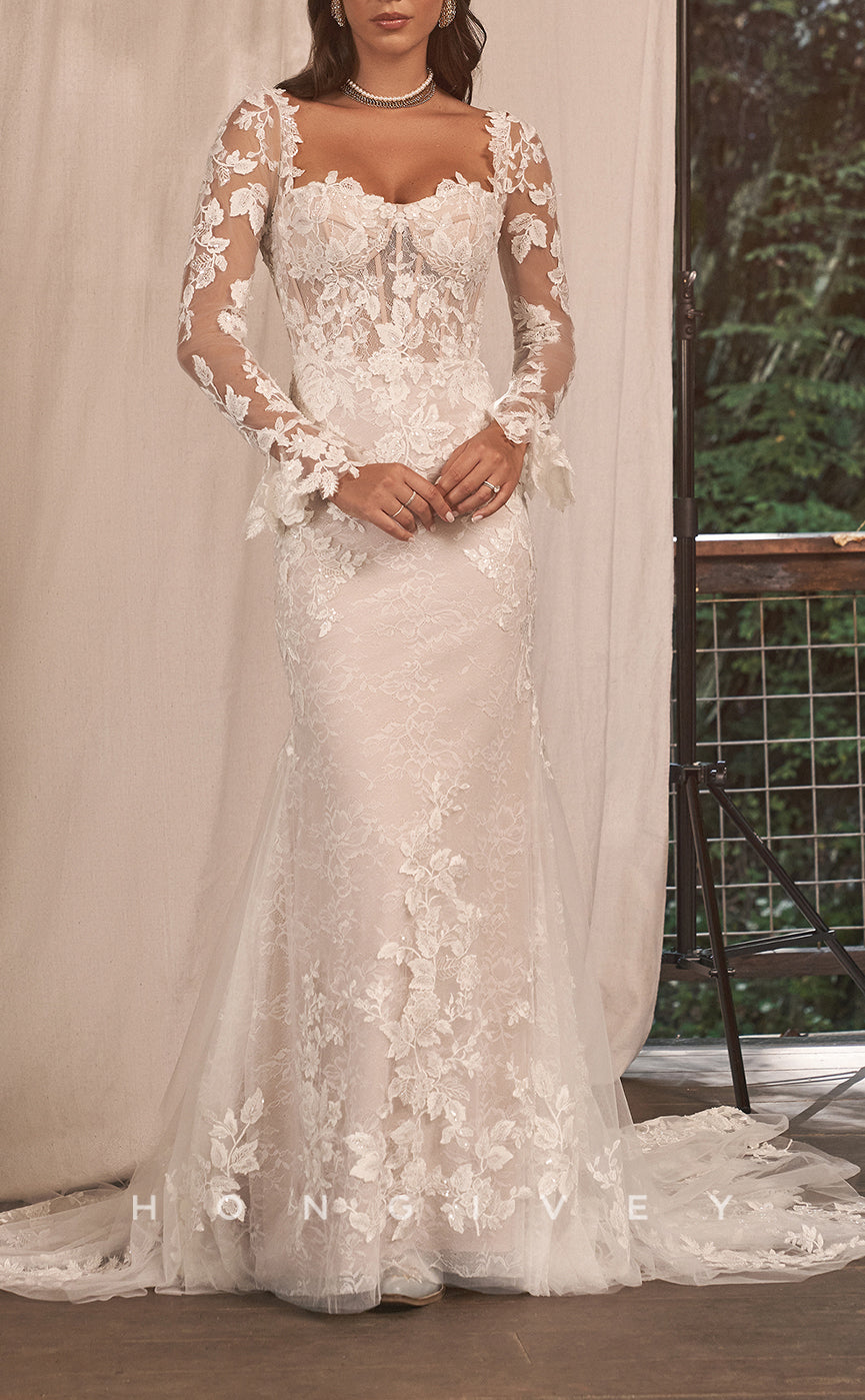 H1642 - Lace Trumpet Sweetheart Long Sleeve Empire Appliques With Train Wedding Dress