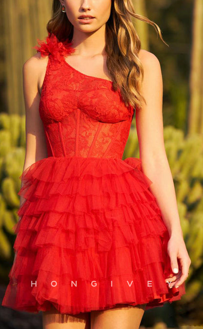 H1641 - Sexy Illusion Lace Tulle Strappy Cake Short Homecoming Party Dress
