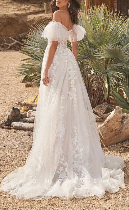 H1643 - Sexy Tulle A-Line Off-Shoulder Illusion Empire Lace Applique With Tulle Train Wedding Dress