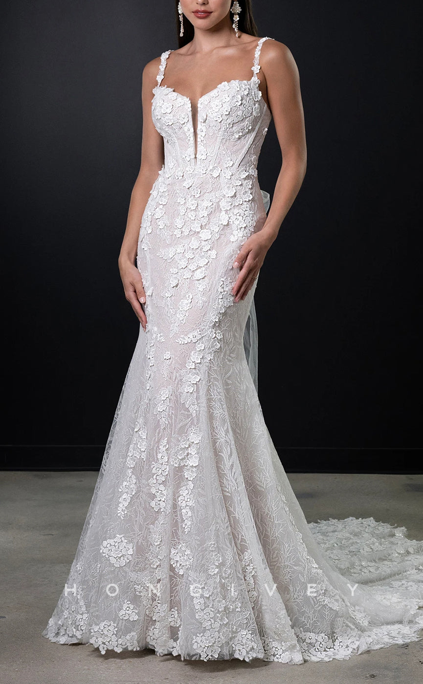 H1644 - Sexy Trumpet Lace Sweetheart Spaghetti Straps Empire Floral Appliqued With Train Wedding Dress