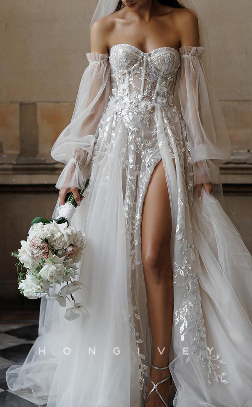 H1645 - Couture Tulle A-Line Sweetheart Long Sleeve Empire Lace Applique With Side Slit Train Wedding Dress