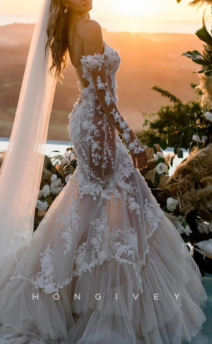H1647 - Sexy Trumpet Off-Shoulder Long Sleeve Empire Floral Lace With Tulle Train Wedding Dress