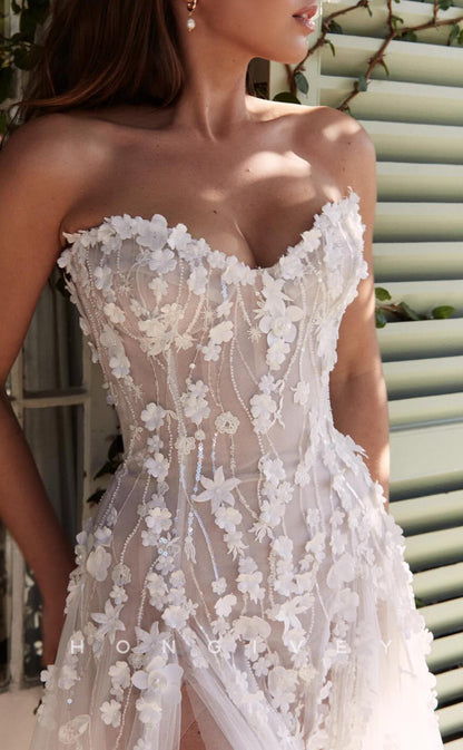 H1649 - Chic Tulle A-Line V-Neck Strapless Empire Floral Appliqued With Side Slit Tulle Train Wedding Dress