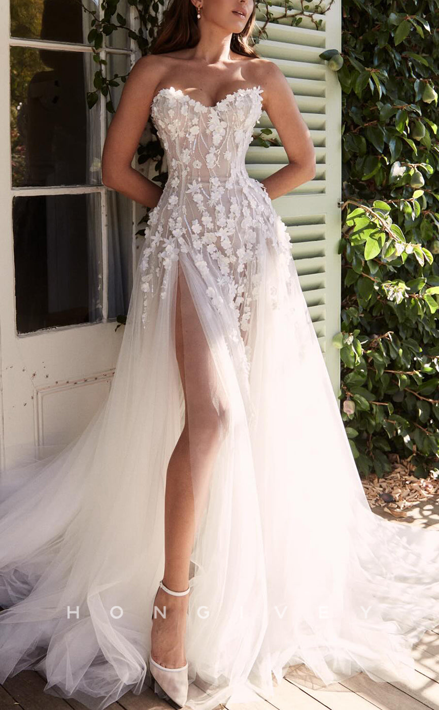 H1649 - Chic Tulle A-Line V-Neck Strapless Empire Floral Appliqued With Side Slit Tulle Train Wedding Dress