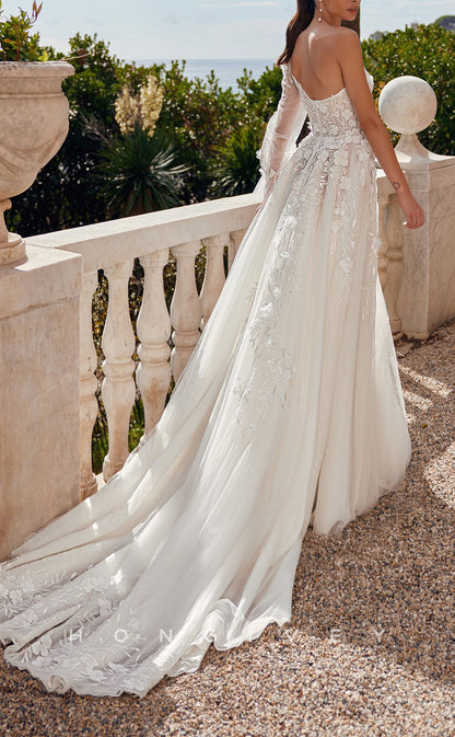 H1650 - One Shoulder Long Sleeve A-Line Empire Illusion Floral Appliqued With Side Slit Train Wedding Dress