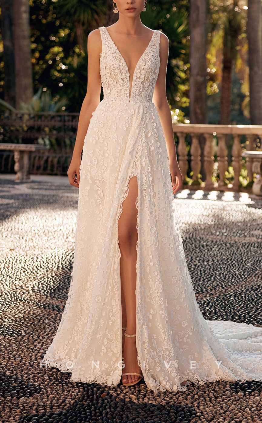H1651 - Sexy Lace A-Line V-Neck Sleeveless Empire Floral Appliqued With Side Slit Train Wedding Dress