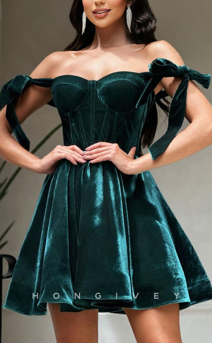 H1651 - Velvet With Bow Detail Halter short Homecoming Graduation Party Dress
