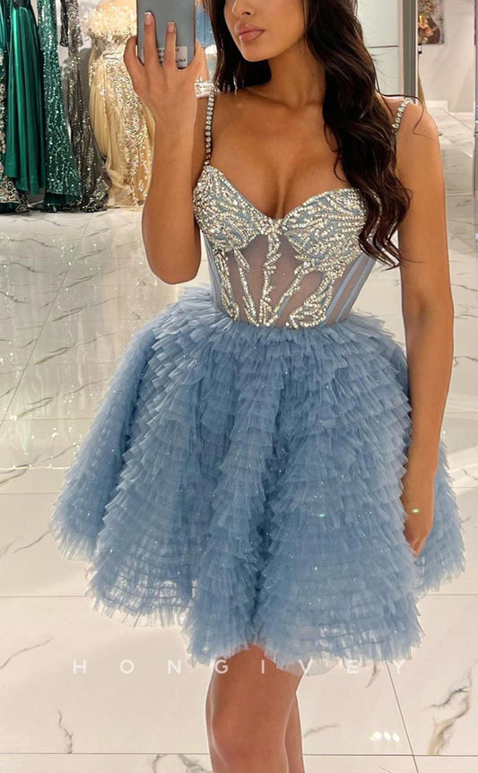 H1652 - Sparkly Sweet Rhinestone Embellished Illusion Short Homecoming Party Graduation Dress