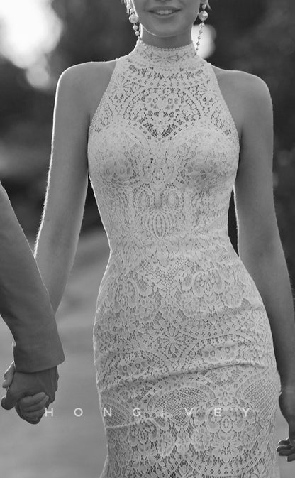 H1653 - High Neck Sleeveless Empire Lace Applique Sexy Trumpet With Train Boho Wedding Dress