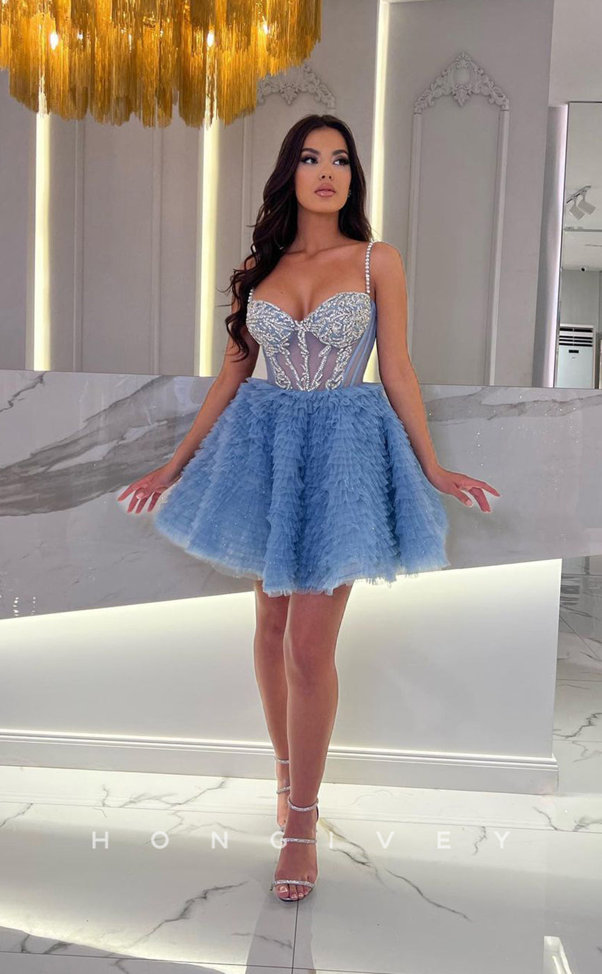 H1652 - Sparkly Sweet Rhinestone Embellished Illusion Short Homecoming Party Graduation Dress