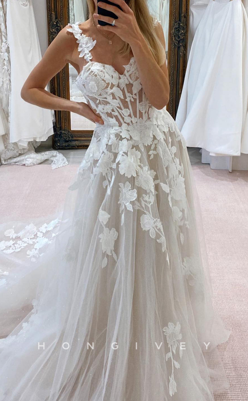 H1654 - Chic Tulle A-Line Sweetheart Spaghetti Straps Illusion Empire Lace Applique With Tulle Train Wedding Dress