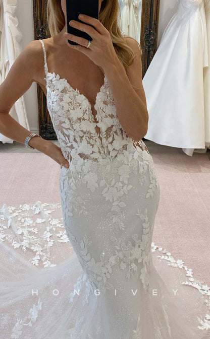 H1657 - V-Neck Spaghetti Straps Illusion Empire Lace Applique With Train Classic Wedding Dress