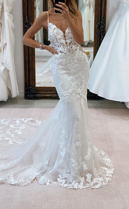 H1657 - V-Neck Spaghetti Straps Illusion Empire Lace Applique With Train Classic Wedding Dress
