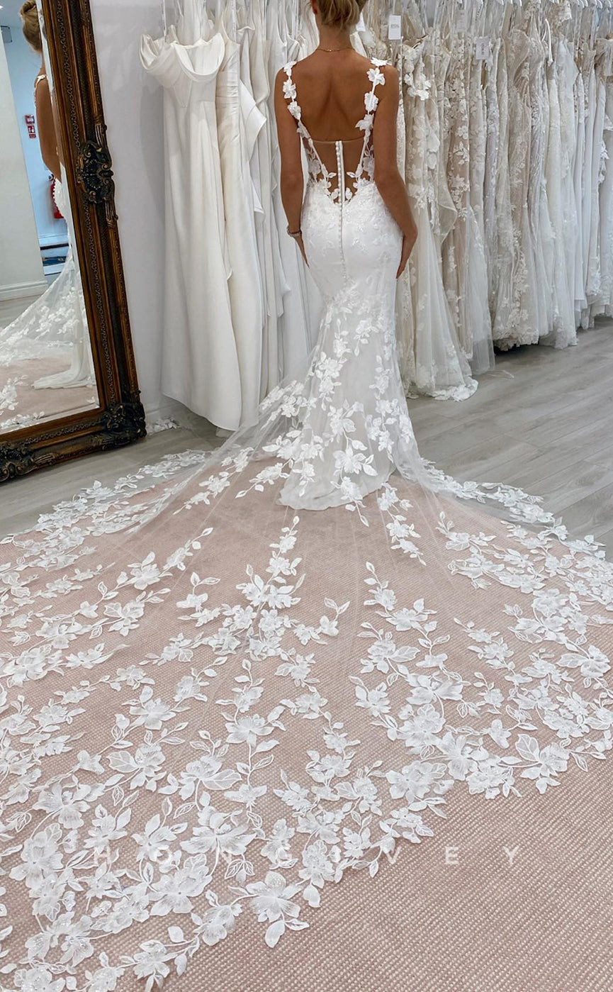 H1658 - Chic Satin Fitted Sweetheart Spaghetti Straps Illusion Empire Lace Applique With Train Wedding Dress