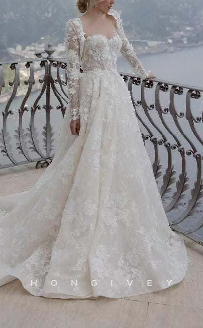 H1660 - Sweetheart Long Sleeve Empire Floral  Lace Applique With Train Sexy A-Line Wedding Dress