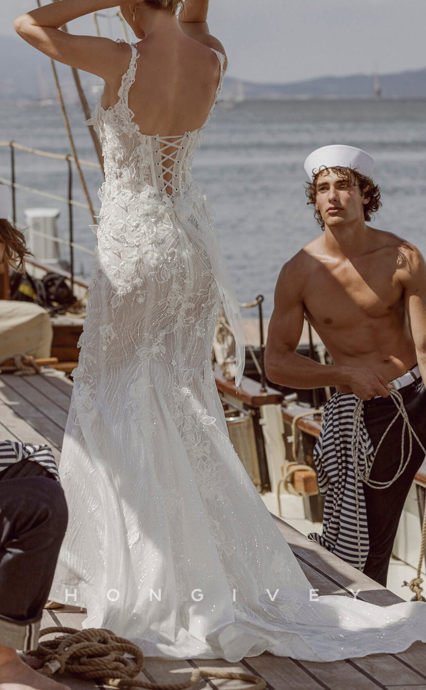 H1661 - Glitter Trumpet Square Spaghetti Straps Illusion Empire Lace Applique Beaded Sexy Wedding Dress