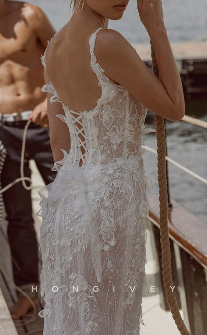 H1661 - Glitter Trumpet Square Spaghetti Straps Illusion Empire Lace Applique Beaded Sexy Wedding Dress
