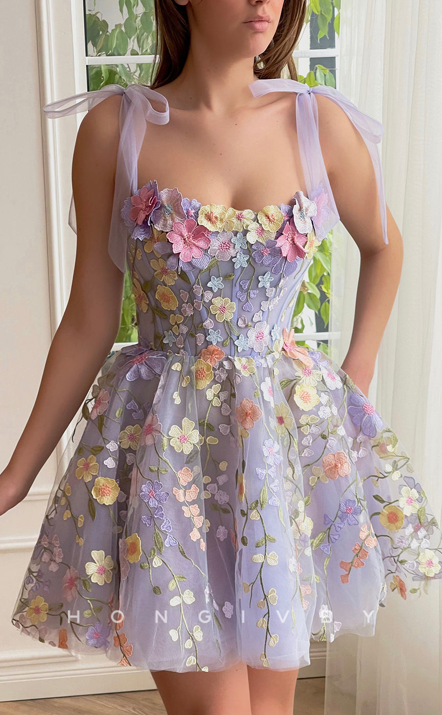 H1664 - Sweet Illusion Fully Foliage Lace Appliqued With Bow Detail Short Party Homecoming Graduation Dress
