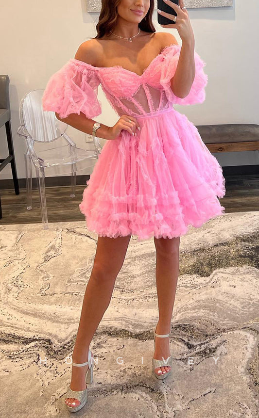 H1668 - Illusion Puff Sleeves Gown Cake Short Party Homecoming Graduation Dress