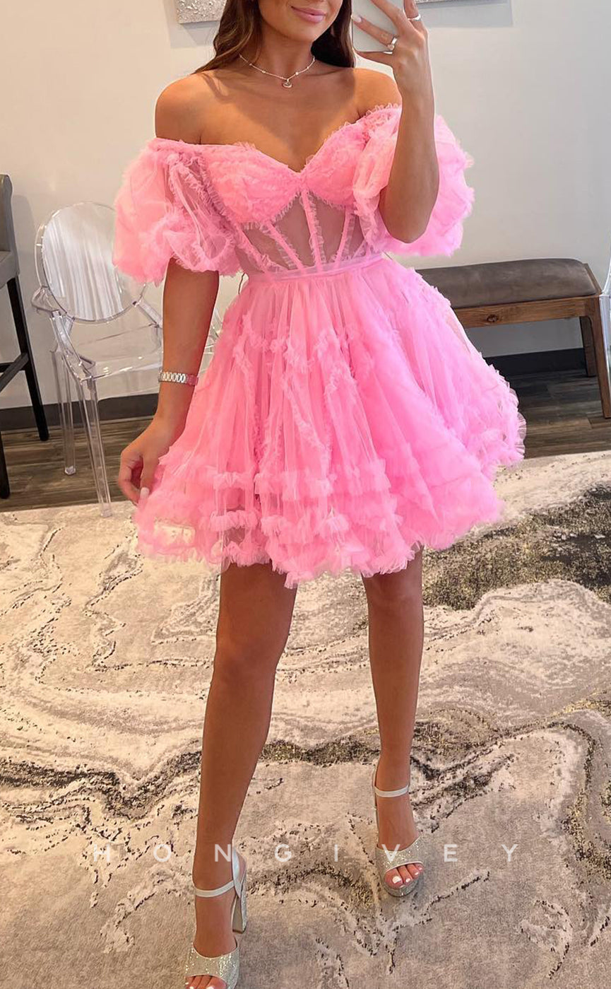 H1668 - Illusion Puff Sleeves Gown Cake Short Party Homecoming Graduation Dress