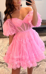 H1668 - Illusion Puff Sleeves Gown Cake Short Party Homecoming Graduation Dress