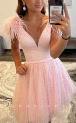 H1669 - Sheer Feathered Fully Rhinestone Plunging Illusion Short Party Homecoming Graduation Dress