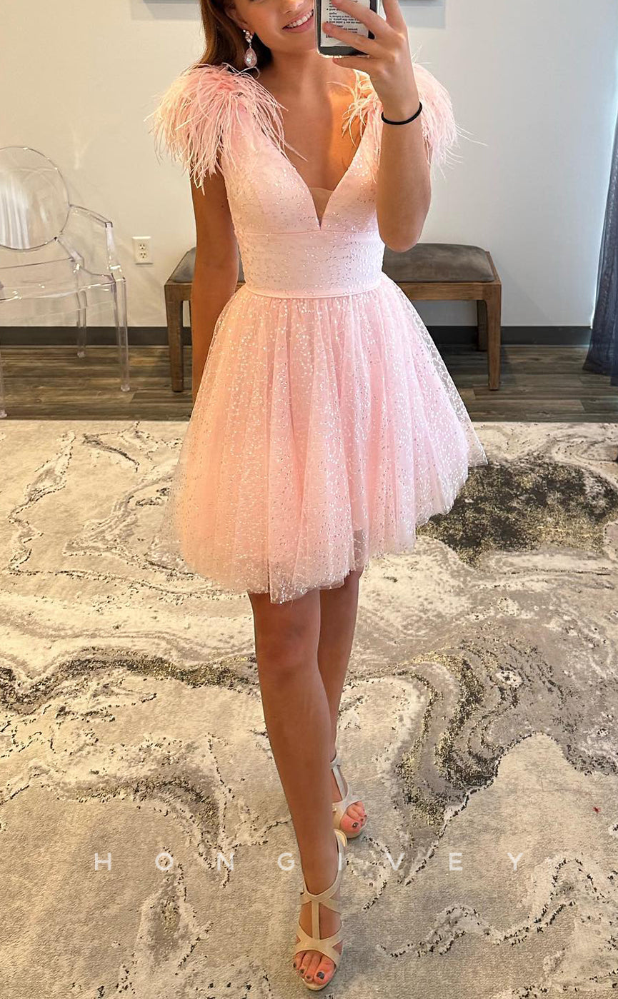 H1669 - Sheer Feathered Fully Rhinestone Plunging Illusion Short Party Homecoming Graduation Dress