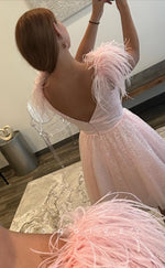 H1669 - Sheer Feathered Fully Rhinestone Plunging Illusion Short Party Homecoming Graduation Dress