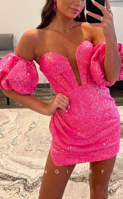 H1671 - Sheer Fully Sequined Bell Sleeved Plunging Illusion Short Party Homecoming Graduation Dress