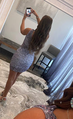 H1675 - Glitter Rhinestone Fully Sequined Asymmetrical Short Homecoming Graduation Party Dress